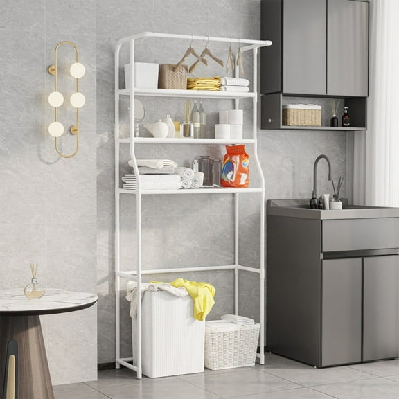Oggfader 3-Tier Over Toilet Storage Rack with Hooks, White Sturdy Bathroom Organizer, Waterproof Metal & Plastic Shelf for Space Saving in Laundry Room/Bathroom