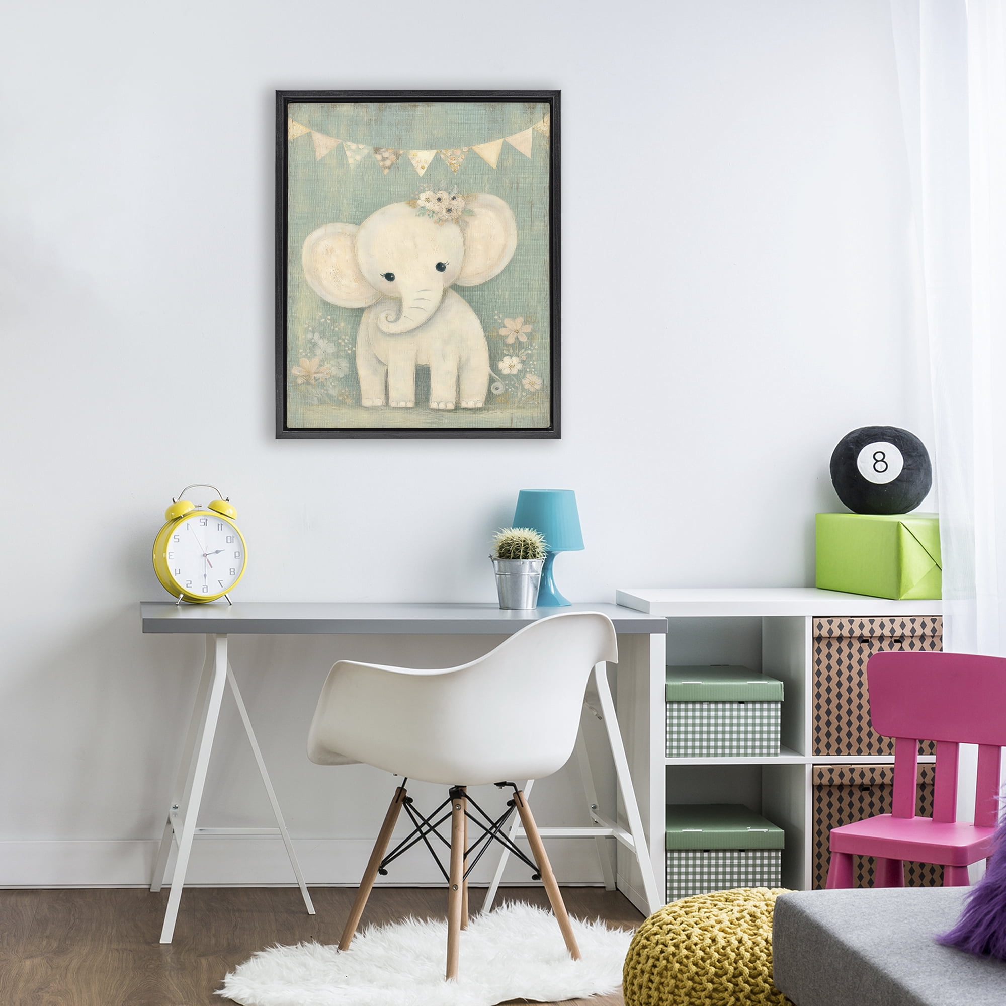 Stupell Industries Elephant with Overhead Banner Black Framed Floater Canvas Wall Art, design by Ink Drop Loft