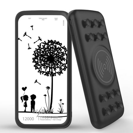 

INFUZE Qi Wireless Portable Charger for Samsung Galaxy A52 5G External Battery (12000 mAh 18W Power Delivery USB-C/USB-A 3.0 Ports Suction Cups) with Touch Tool - Dandelion Love on White