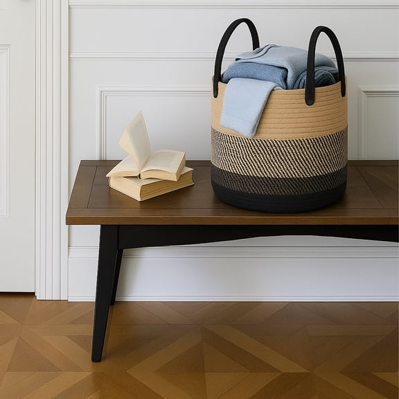 PinkSheep Laundry Basket, Collapsible Woven Cotton Rope Laundry Hamper Storage Baskets with Handles, Khaki Black