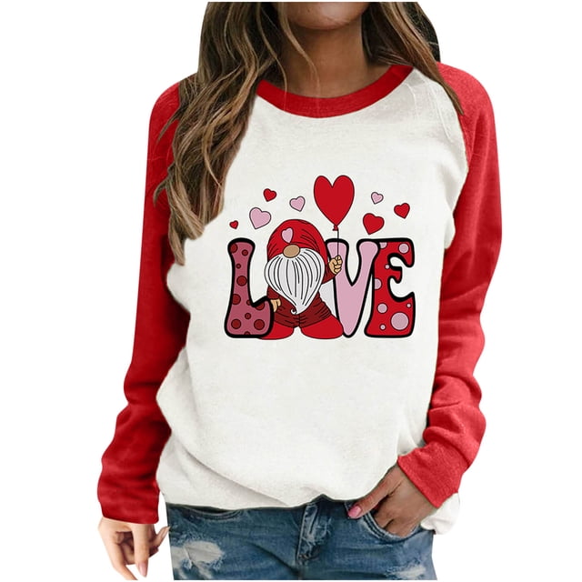 RKSTN Chandail de la Saint-Valentin pour Femmes, Chandail à la Mode avec Lettres et Cœurs Imprimés, Manches Longues, Col Rond, Hauts à Empiècements