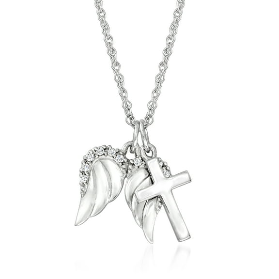 Ross-Simons 14kt White Gold Cross and Angel Wings Pendant Necklace With Diamond Accents, Women's, Adult