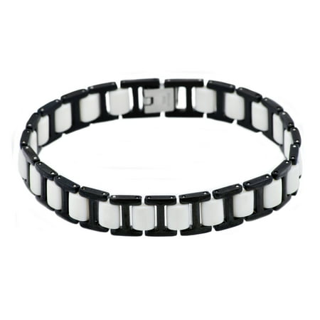 Mens White Rubber And Black Plated Stainless Steel Bracelet