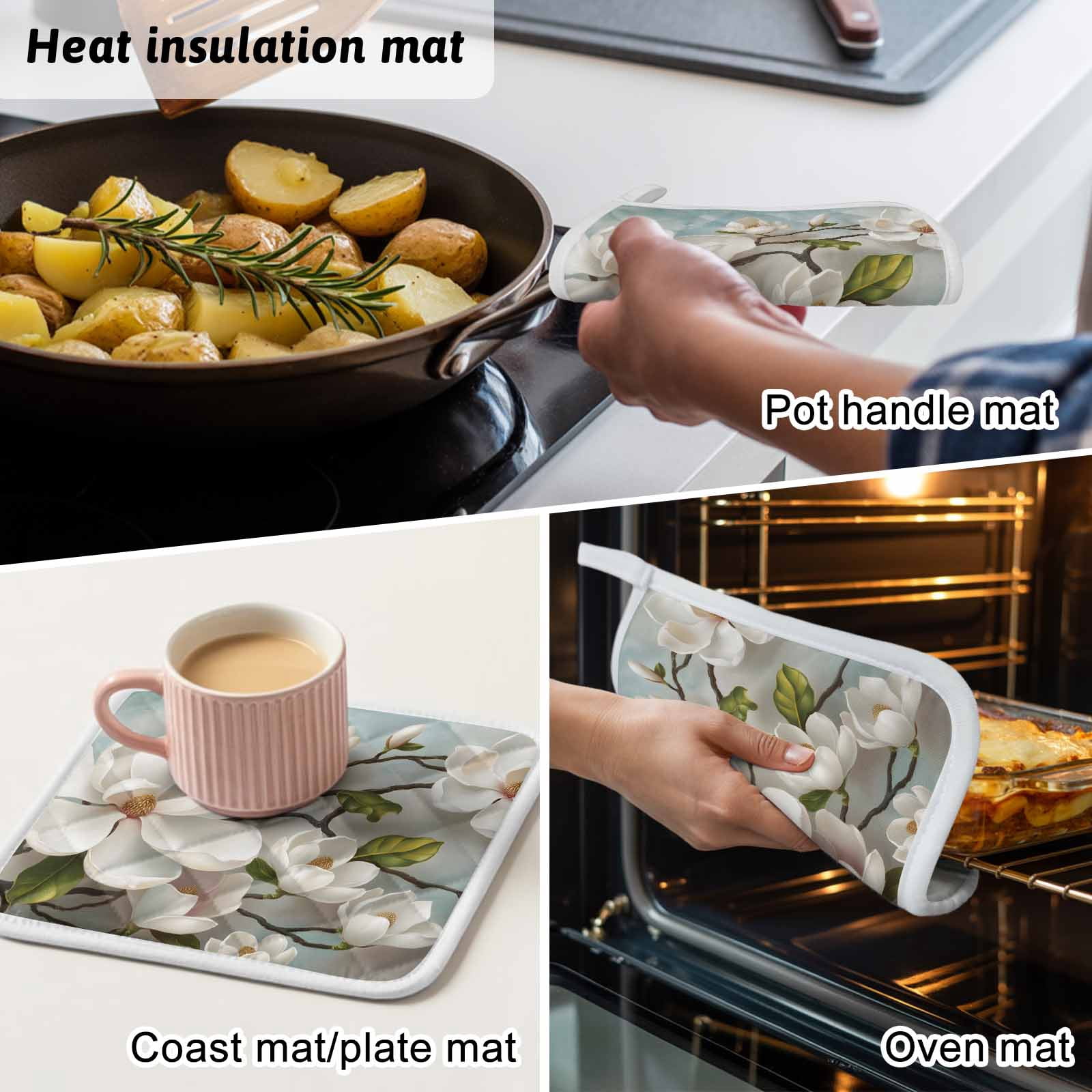 Vintage Flowers Pot Holders for Kitchen Heatproof Potholder, 4 Pack White Country Lily Floral Plant Branch Hot Pads Multipurpose Oven Pads Cloth Potholders Trivet for Cooking and Baking