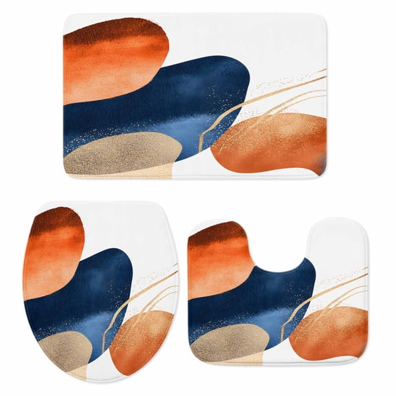 Navy Blue Burnt Orange Bath Mat 3 Piece Bathroom Rug Set, Modern Retro Geometric Boho Non Slip Bath Rug Contour Mat and Toilet Lid Cover, Absorbent Shower Mats Soft Bath Rugs and Mats Sets