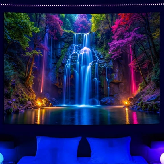 Simpkeely Blacklight Waterfall Tapestry - UV Reactive Glow in the Dark Neon Forest Wall Hanging, Vibrant Nature Landscape Wonderland for Bedroom, Living Room Decor - 51.2" x 59.1"