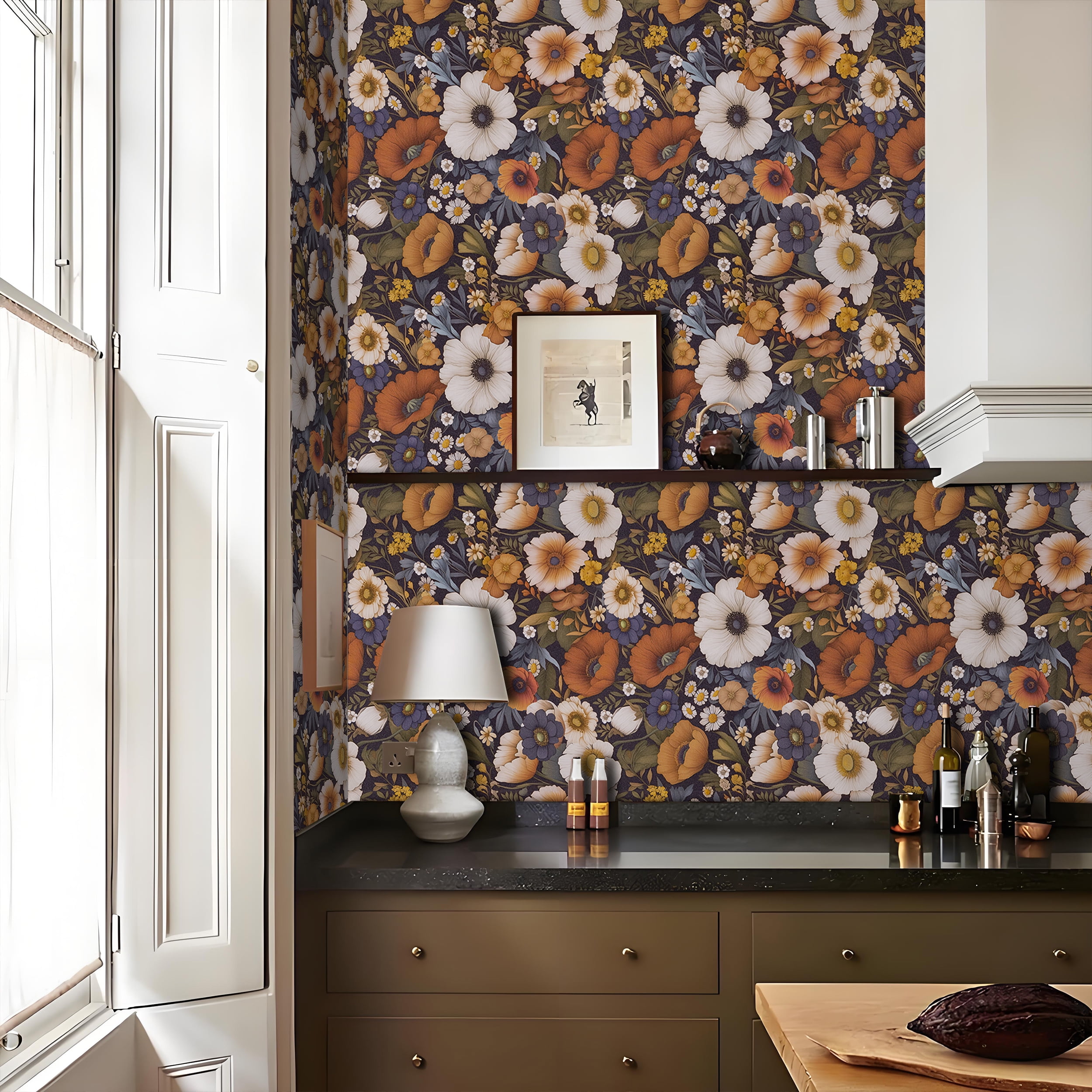 Abyssaly Floral Wallpaper Peel and Stick 17.32"×236" Floral Black Wallpaper Vintage Plant Watercolor Self Adhesive Textured Wall Paper Contact Paper Home Decor Wall Covering Old Furniture Renovation
