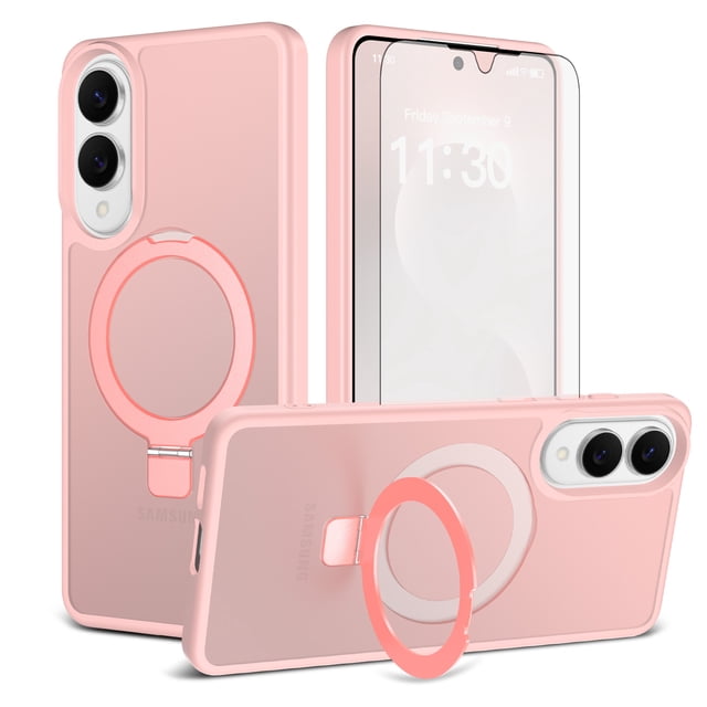 Asuwish Phone Case for Samsung Galaxy S25 Edge 5G Tempered Glass Screen Protector Magnetic Folding Stand Frosted Translucent Rugged Shockproof Protective Cell Cover S25Edge 6.66 2025 Women Men Pink