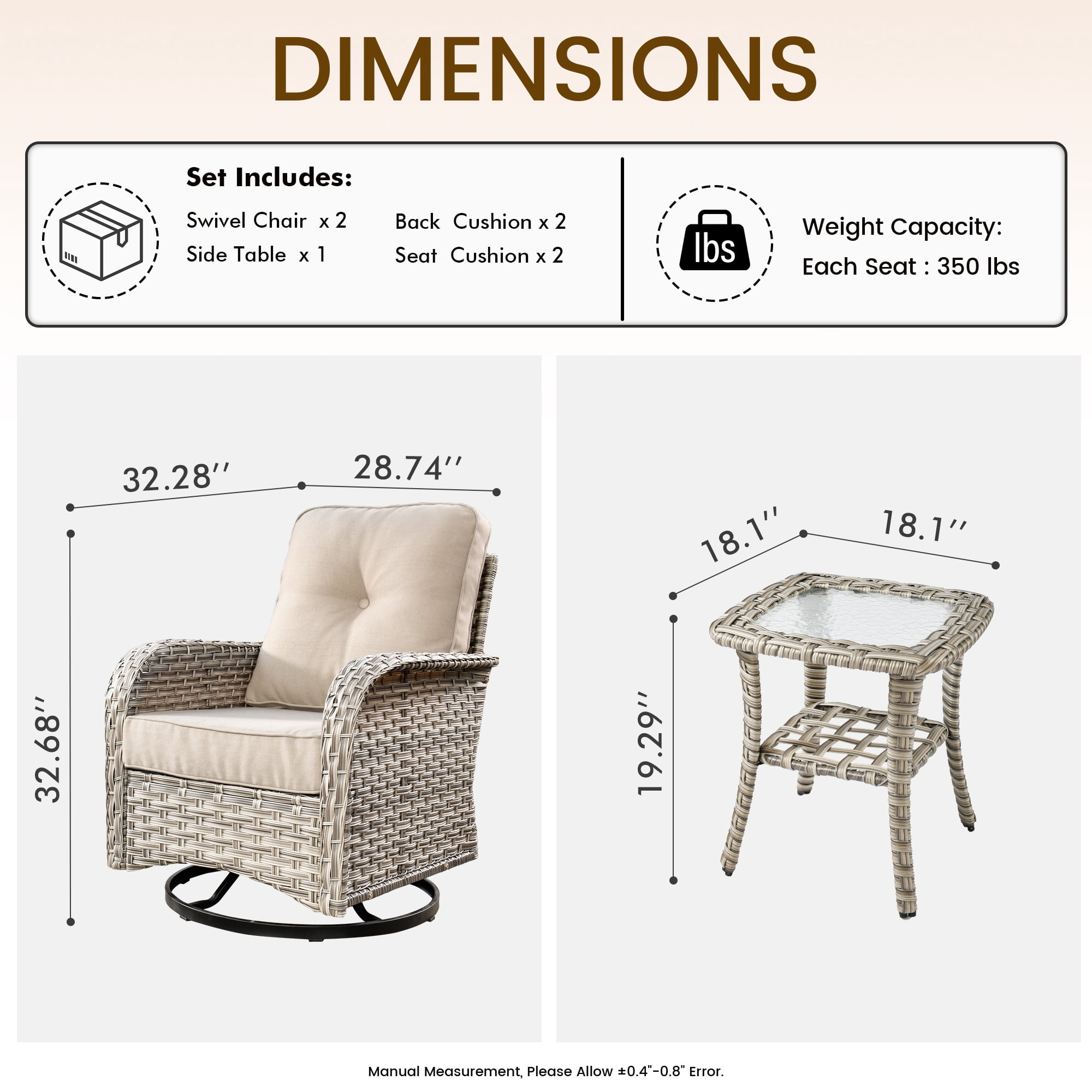 Vcatnet 3 Pieces Outdoor Patio Furniture Wicker Swivel Rocking Chair Swivel Rocker Patio Chairs Set of 2 with Side Table for Porch, Backyard, Beige