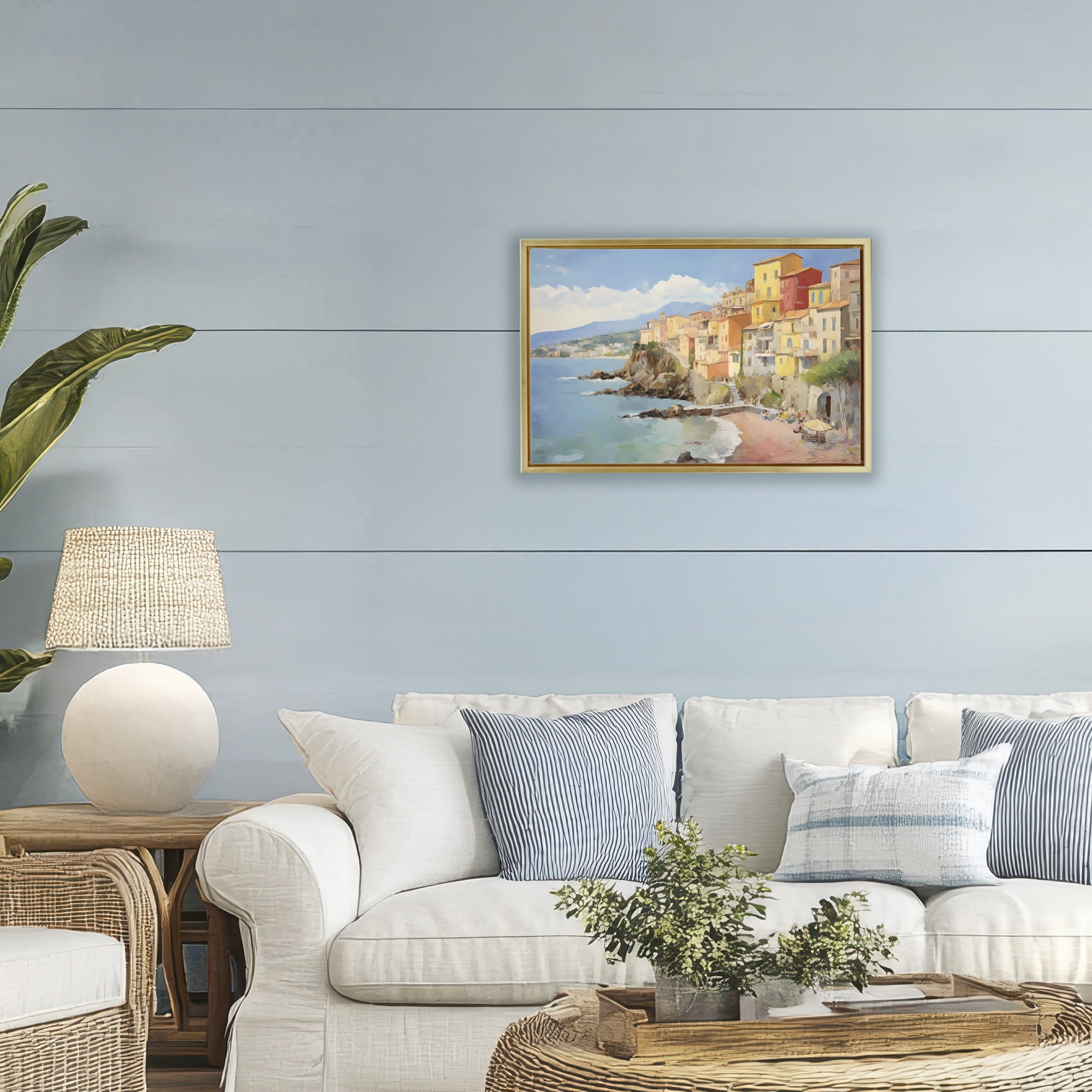 Stupell Industries Colorful Coastal Town by Sea Gold Framed Floater Canvas Wall Art, design by Creative Studio