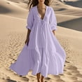 thumbnail image 2 of Ecqkame Summer Dresses for Women Cotton Linen Half Sleeve V Neck Dress Casual Loose Solid Color Long Dresses Purple M, 2 of 6