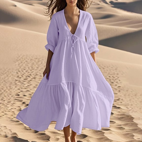 Meichang Women's Linen Maxi Dress Loose Fit V Neck Lantern Half Sleeve Summer Dress Flowy Swing Ruffle Hem Beach Vacation Dresses Casual Long Dresses