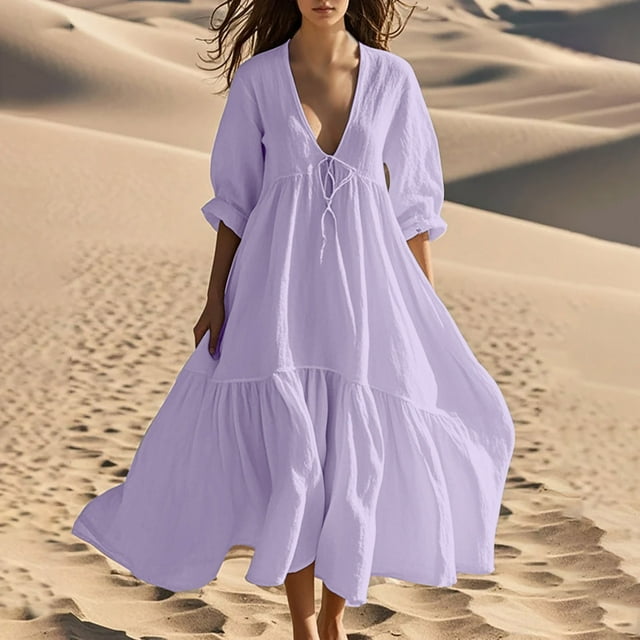Pisexur Robes d'Été pour Femmes en Doux Lin-Coton Robes d'Été pour Femmes Décontractées à Col en V Manches 3/4 Robe Maxi Ample Confortable Fluide Robes pour Femmes Couleur Unie à Volants Boho Longues Robes P-2TG Violet