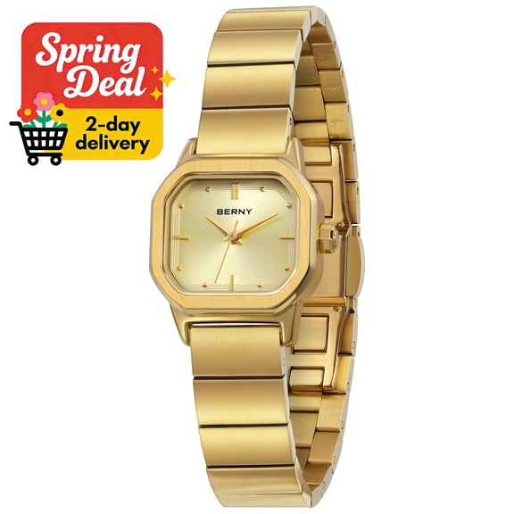 BERNY Small Gold Watches for Women, Dainty Minimalist Dress Watch with Square Dial, Vintage Stainless Steel Bracelet Watch Waterproof, Ladies Luxury Gifts (Gold)