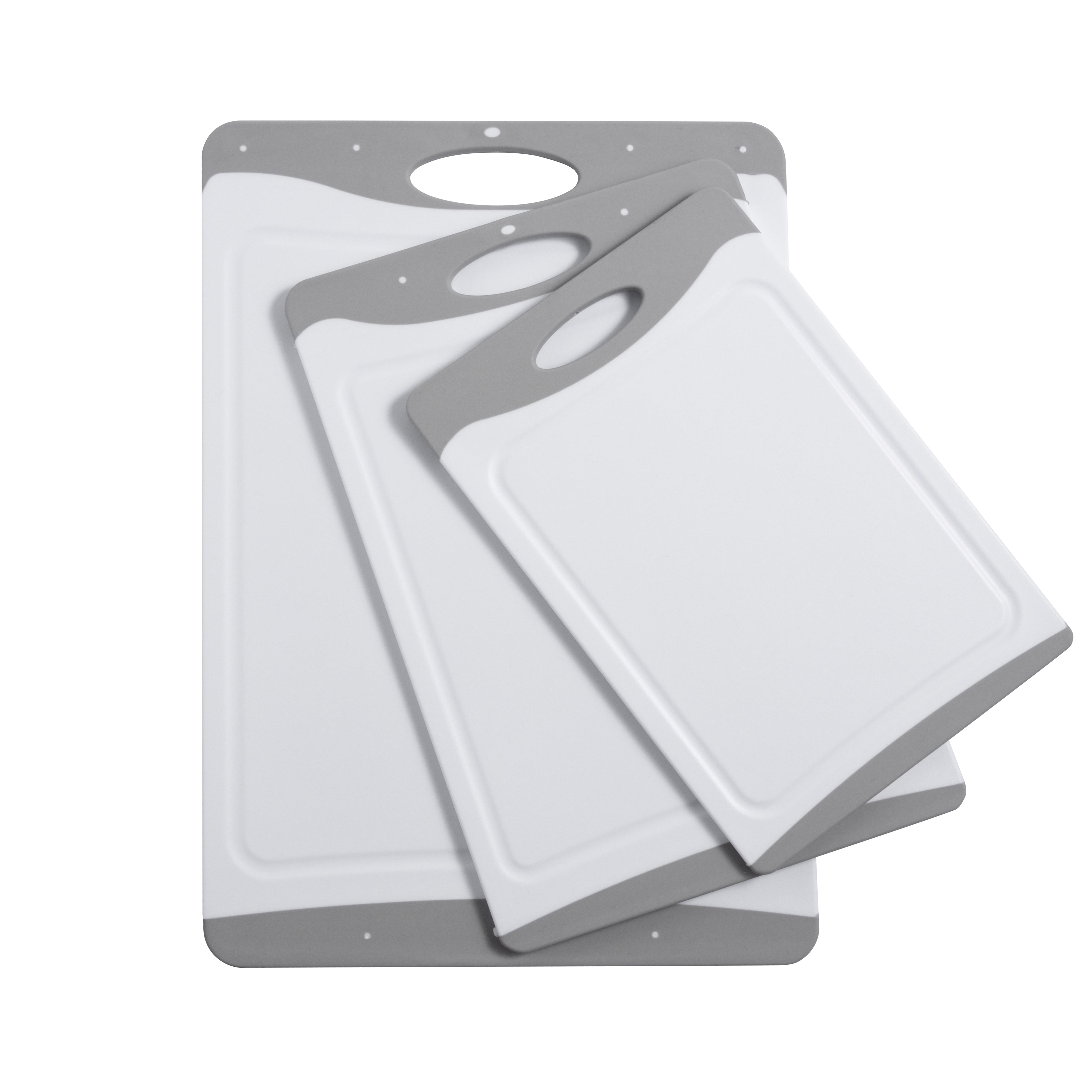 Mainstays 3-Piece Non-Slip Poly Cutting Boards, 50% Recycled PP, 16.9"x 11.8", 13.7" x 9.5", 11.4" x 7.9", White&Silver Color