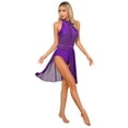 thumbnail image 2 of Linjinx Women Lyrical Dance Dress Halter Neck Backless Sleeveless Mesh Tulle Flowy Leotard Dress Purple S, 2 of 6