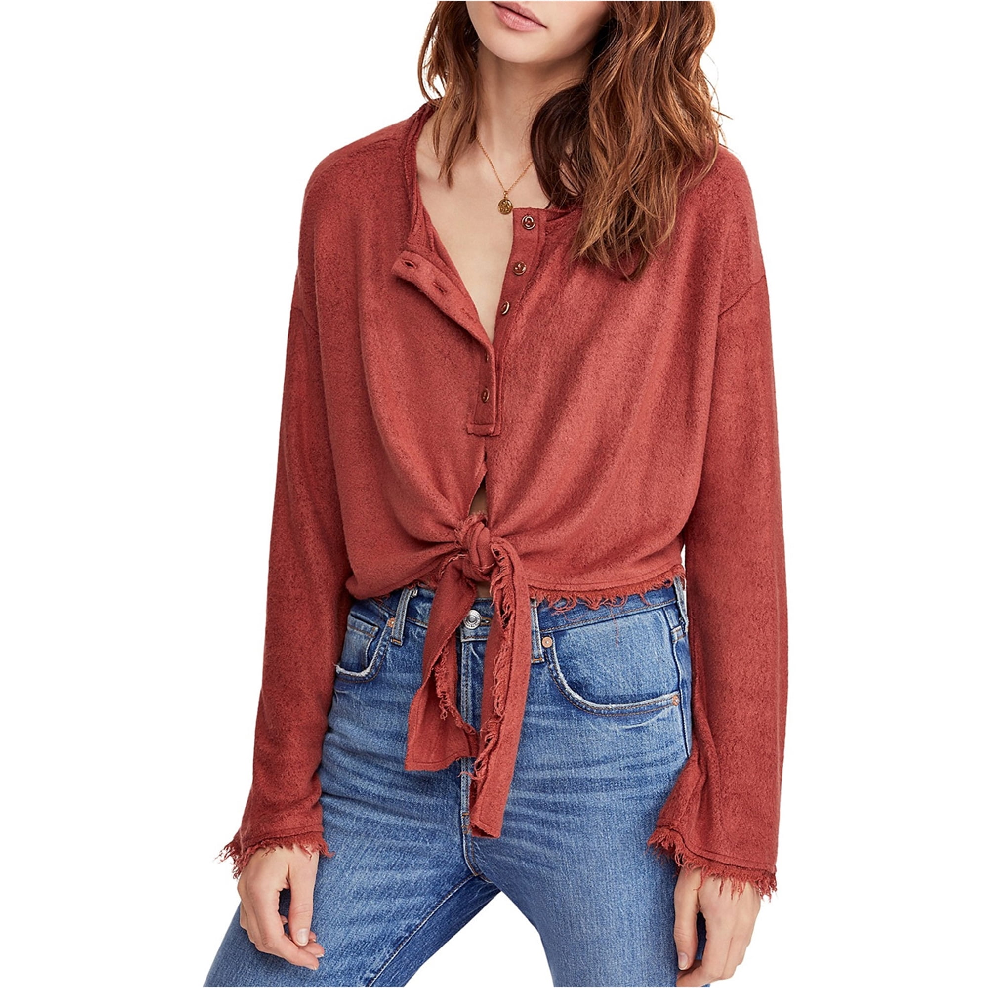People Womens Tie Henley Shirt, Brown 