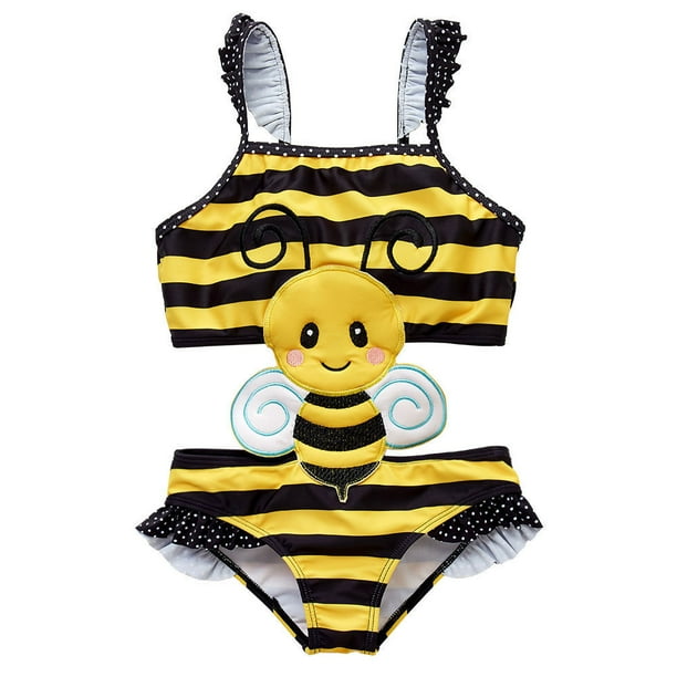 Traje de baño para niños traje de baño para niñas de una pieza con tirantes de dibujos animados Idea de rayas bordadas dulce