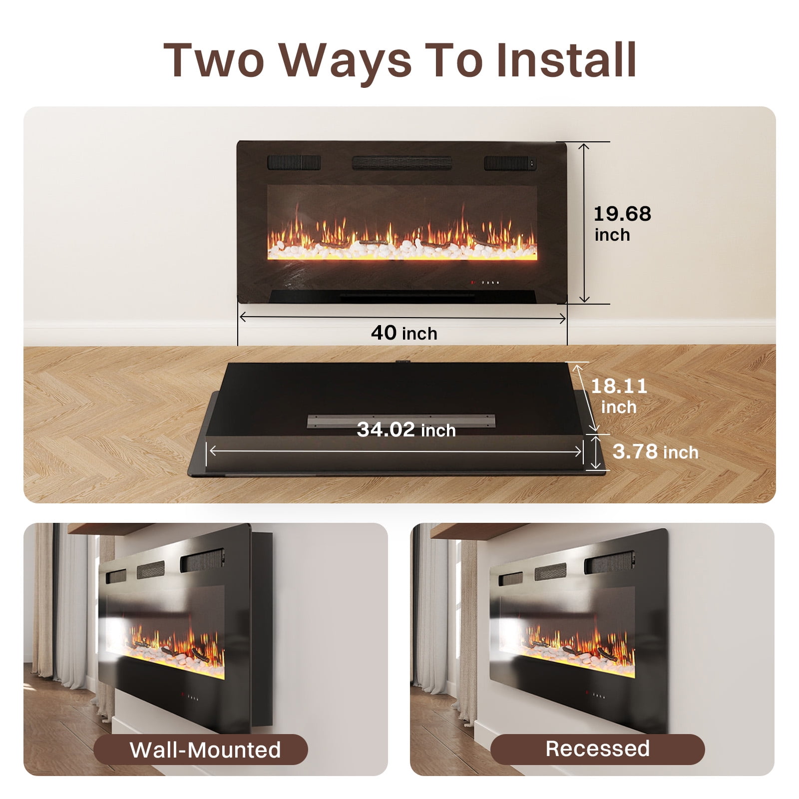 40" Insert Wall Mounted Electric Fireplace Mantel Features a Touch Screen, Timer, Adjustable Flame Color, 700W / 1400W