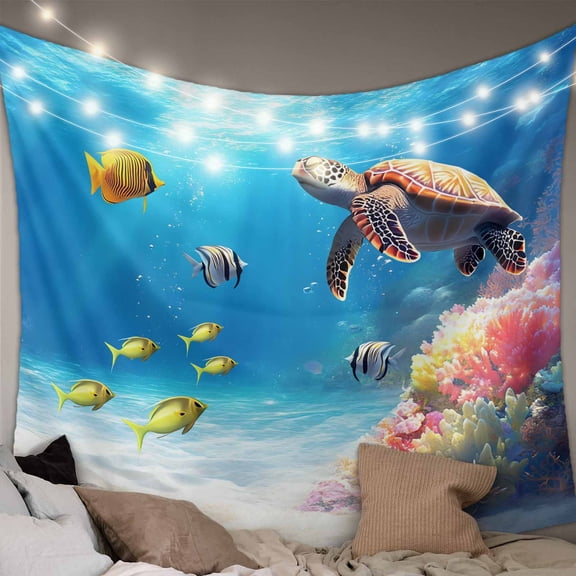 Sea Turtle Coastal Tapestry for Bedroom Wall Hanging Tapestry, Summer Beach Coral Ocean Fishes Ceiling Backdrop Tapestries Poster Blanket Wall Decor for Teens Room Living Room Dorm 59" x 90"