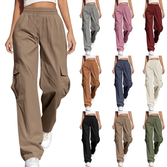 Visit the JURANMO Store Women's Solid Cargo Pants Elastic High Waist Casual Work Pant Straight Leg Fashion Street Trousers with Pockets Beige M