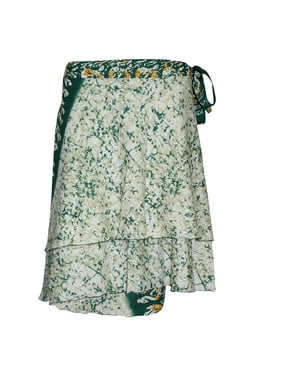 Mogul Magic Wraps Skirt Green Printed Two Layer Reversible Silk Sari Mini Skirt , Beach Wear