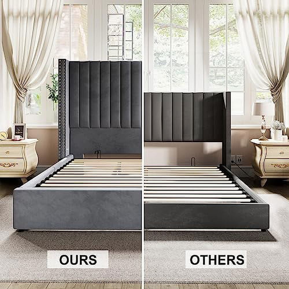 Merluxy King Bed Frame Lift Up Storage Bed, Velvet King Upholstered Bed Frame/Channel Tufted Wingback Headborad/No Box Spring Needed/Gray