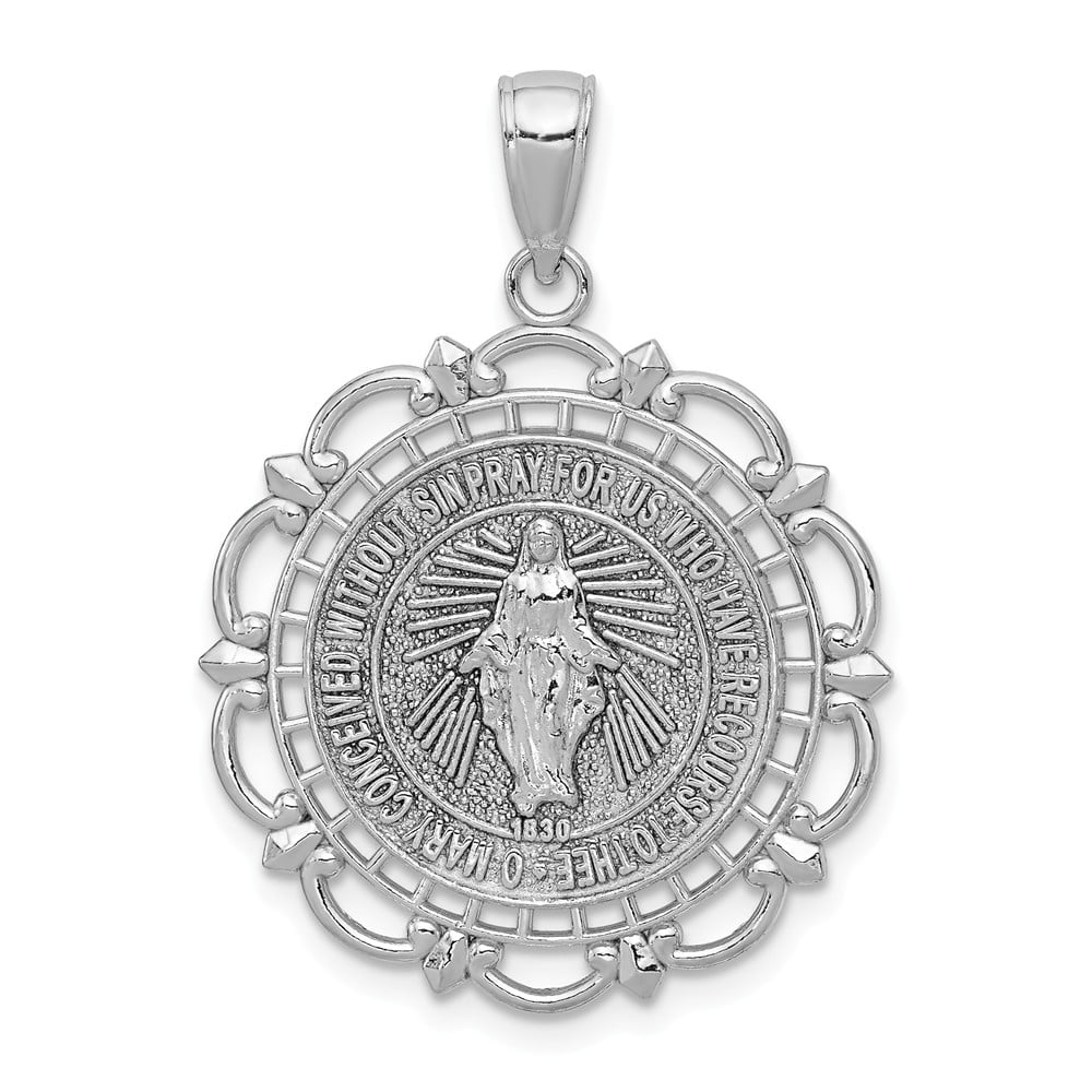 14k White Gold Blessed Virgin Mary Miraculous Round Medal Diamond Pendant Large