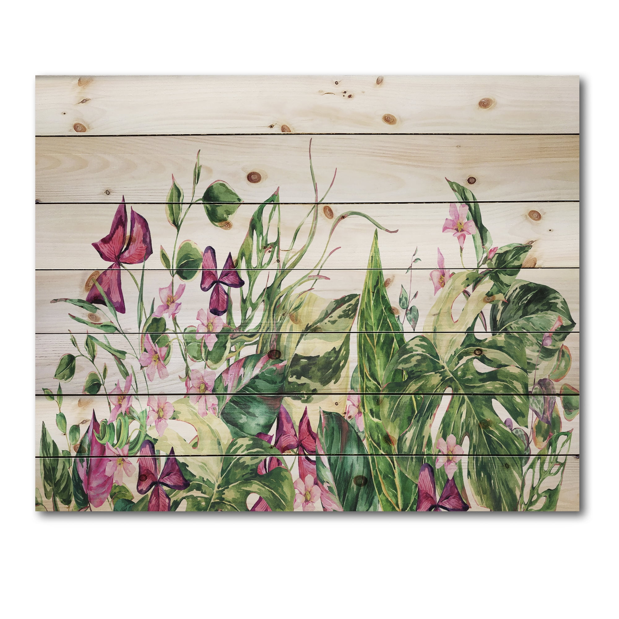Designart 'Ancient Floral Tropical Leaves I' Tropical Print on Natural Pine Wood