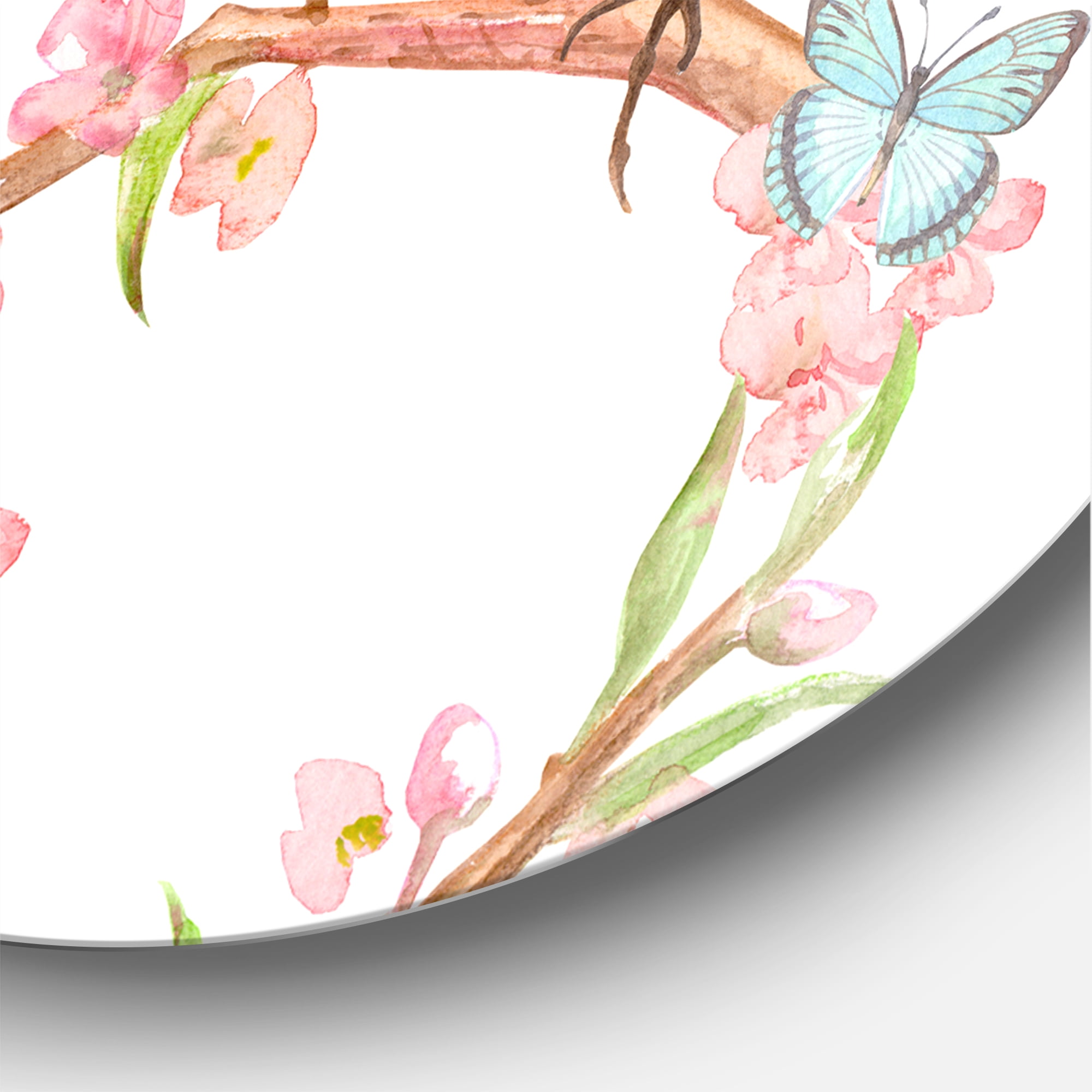 Designart 'Lovely Bird Sitting On Branch of Sakura With Butterflies' Traditional Circle Metal Wall Art 36x36 - Disc of 36