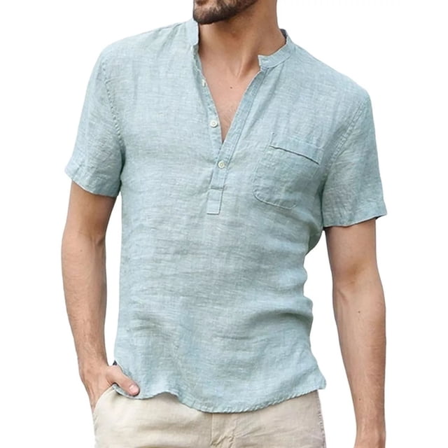 Camisa Cuello Mao Lino Hombre Casual Manga Corto Slim Fit