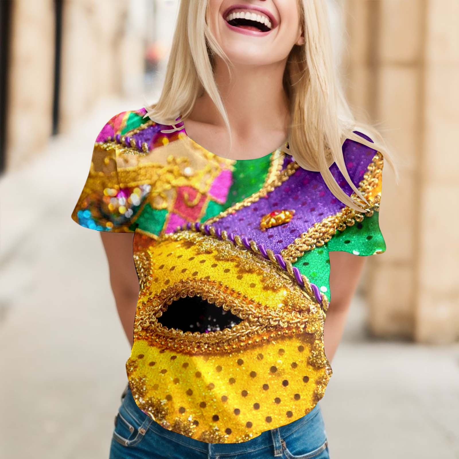 PMUYBHF Female Ruffle Blouse Women Short Sleeve Round Neck Holiday 