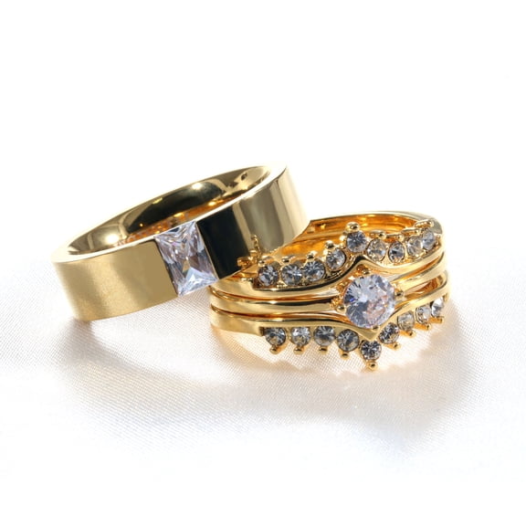 Couple Rings Matching Rings Yellow Gold Plated 1CT Round AAA CZ Women Wedding Ring Sets for Him and Her Rings Men Band