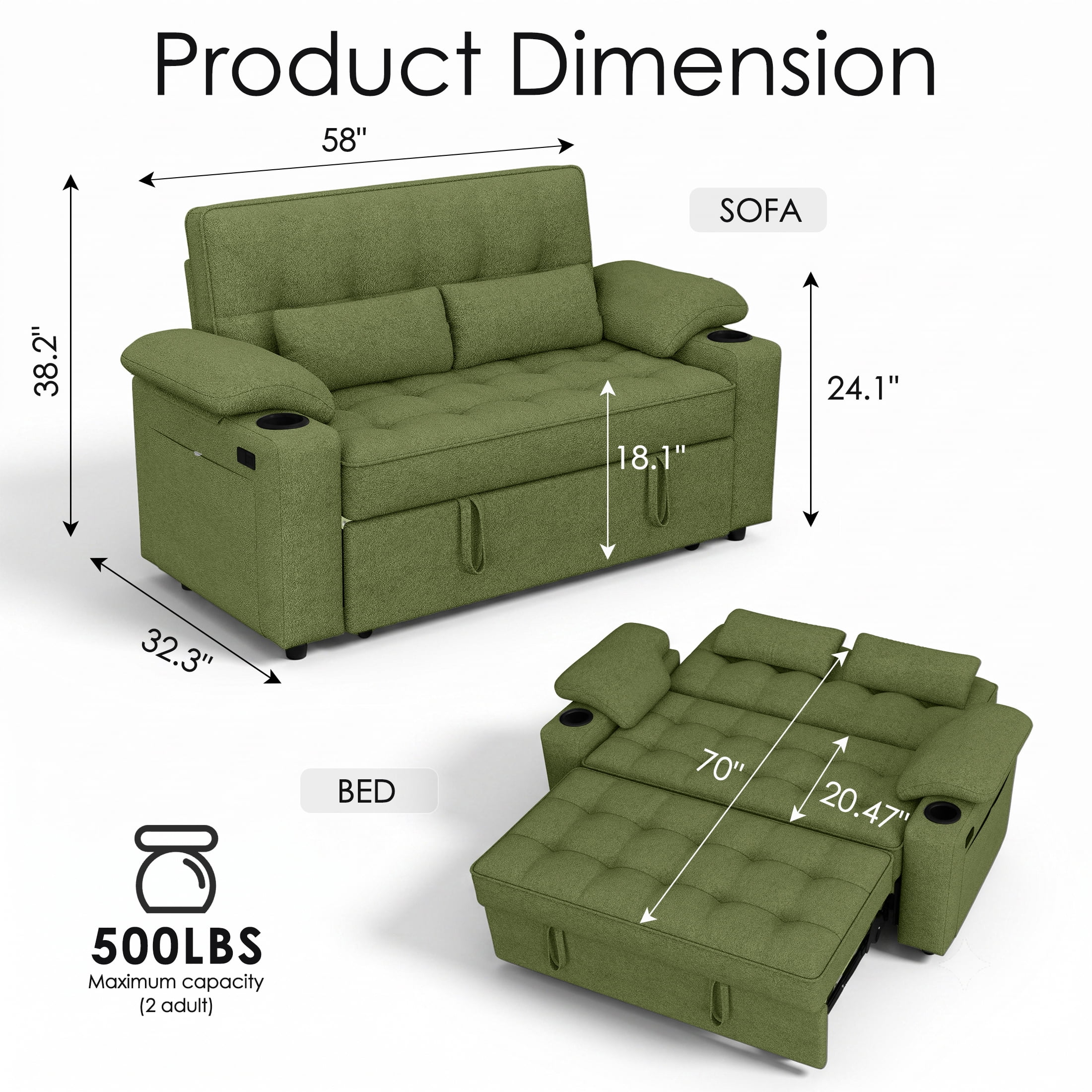 58" Convertible Sleeper Sofa Bed, Full Size Pull Out Couch with USB Charging, Cup Holders, Adjustable Backrest & Side Pockets, Towel Fabric Loveseat for Living Room, Apartment, Office (Green)