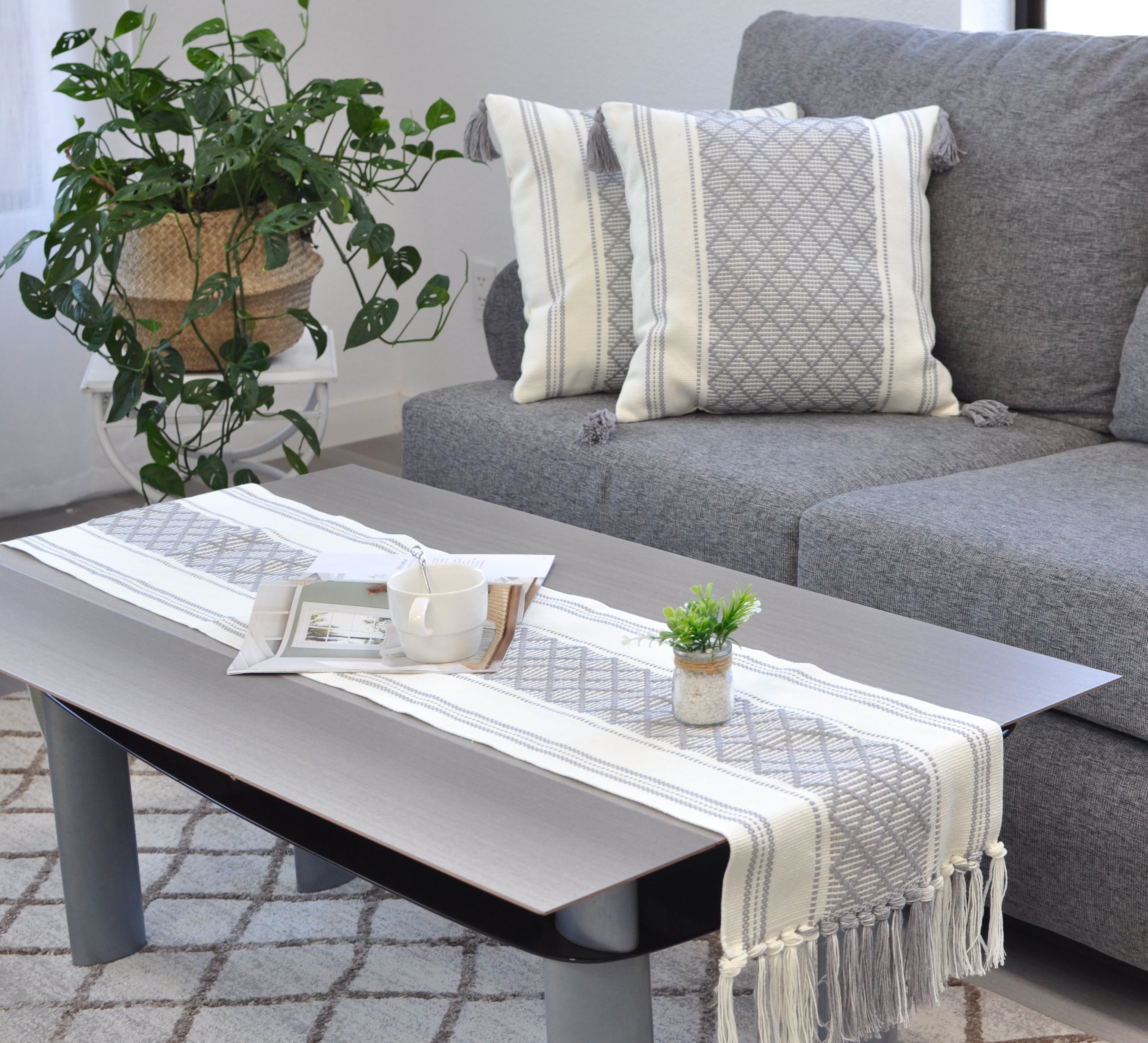 Small Coffee Table Runner with Tassels 14x48 Inches, Grey & Off White | Cotton Woven Washable Boho Dresser Scarf for Bedroom | Farmhouse Console Tabletop Centerpiece Boho Decorations