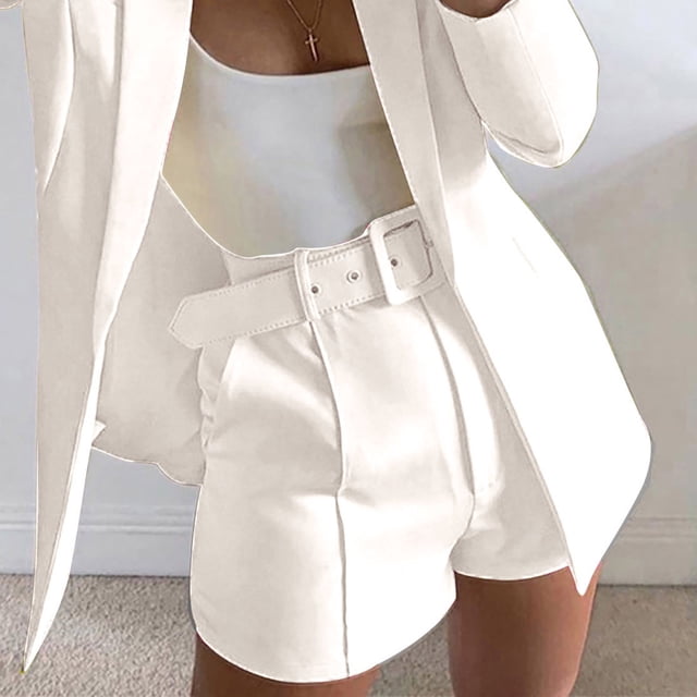 LOVZFMLL Women's Solid Suit Pant With Pockets Waisted Shorts With Belt White M