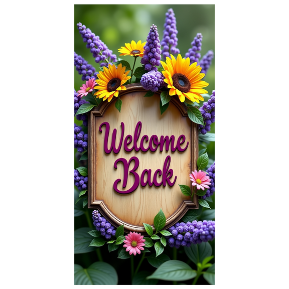 Wooden Door Themed Welcome Back Banner with Floral Leafy Elements Party Decorations Backdrop Background for Homecomings Reunions Office Returns Gatherings