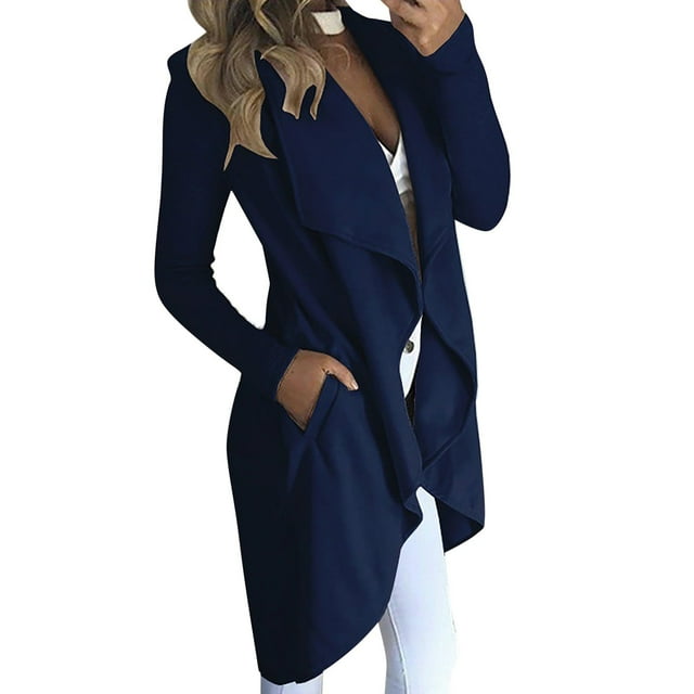 2DXuixsh Chandails Grande Taille pour Femmes Élégants Cardigan Long Coupe-Vent à Col Rabattu Mode Couleur Unie Bleu Taille g
