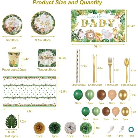Baby Shower Decorations for Boy Girl ,258 PCS Jungle Safari Animal Party Decorations Supplies (20 Guest) with Paper Plates Cups Napkins Tablecloth Backdrop Balloons Arch Kit