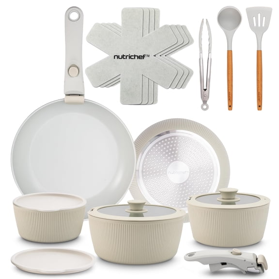 NutriChef 18-Piece Ceramic Cookware Set with Detachable Handles, Non Stick Pots and Pans, PTFE-Free Natural Ceramic Coating, Space-Saving Design, Oven & Stove Safe, Includes Utensils, Green