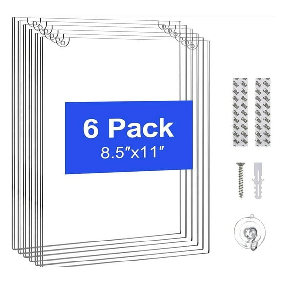 6 Pack Acrylic Wall Sign Holder 8.5x11 Vertical, Clear Plastic Picture Frame, Wall Mounted Design, Support No Drilling(Provide 3M Tape and Screws)