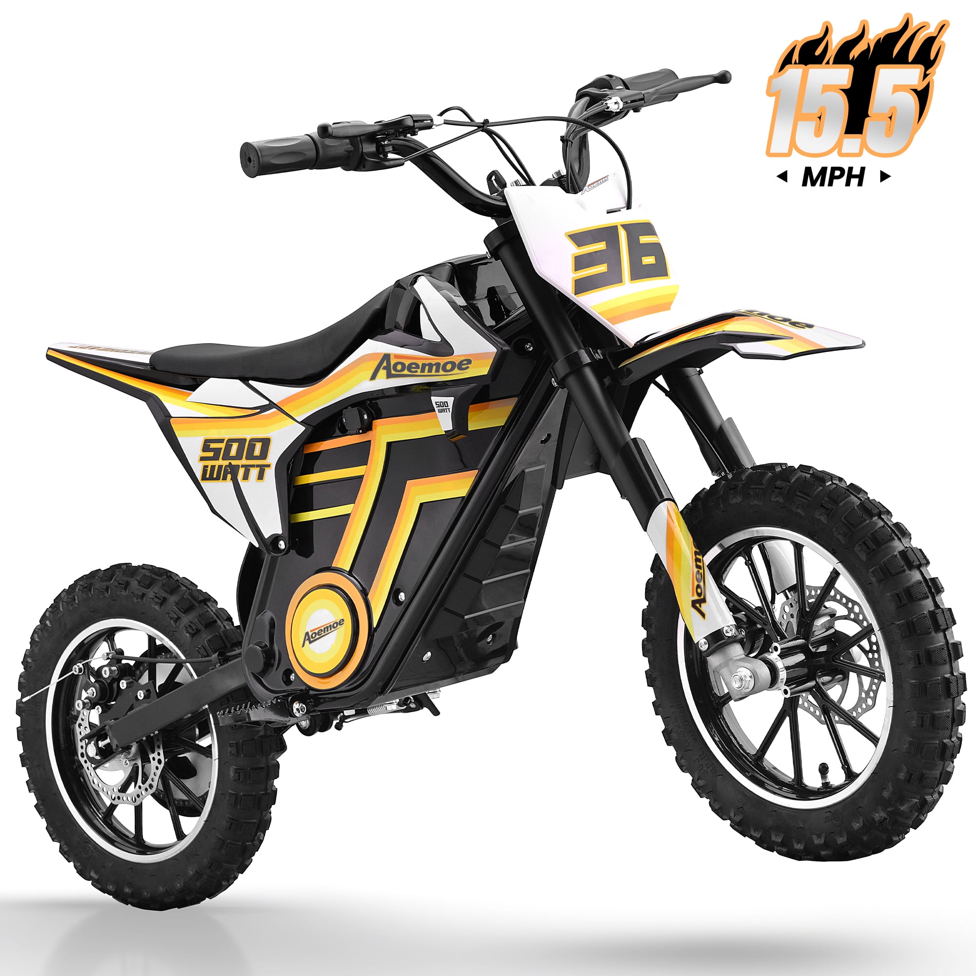 Aoemoe Motorcycle, Motorized Dirt Bikes for kids 8-14, 36V 500W – 15 MPH Top Speed, Dual Suspension, Yellow
