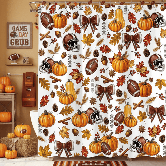 Fall Pumpkin Shower Curtain, Autumn American Football Rugby Bow Maple Leaf Bathroom Curtain Set, Fall Thanksgiving Harvest Bath Decor Waterproof Fabric with Hooks, White,70X70IN