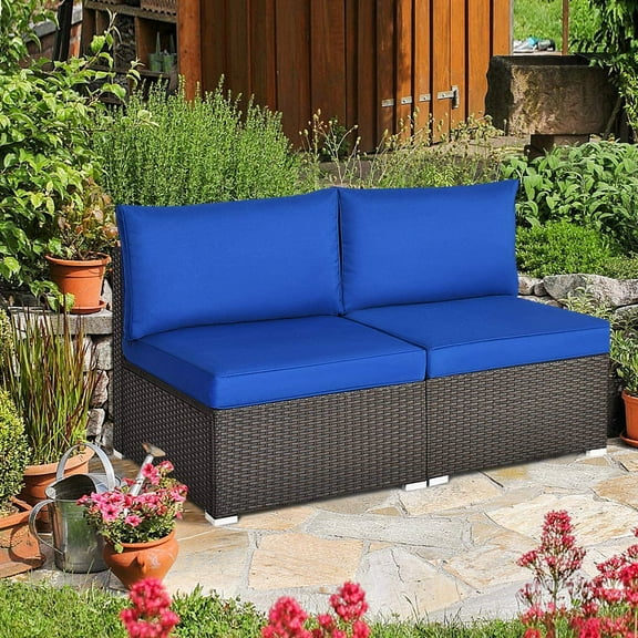 DORTALA 2 Piece Wicker Sectional Armless Chairs, Outdoor Rattan Sectional Sofa Set w/Cushions for Seat and Back, Additional Seats for Garden Balcony Patio Poolside, Navy