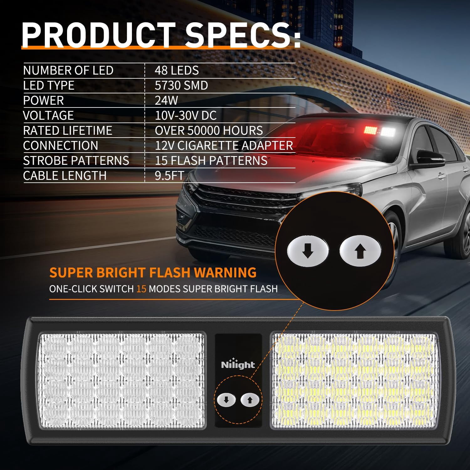 Nilight Red White 48LED Visor LED Strobe Lights Interior Windshield Emergency Warning Light Super Bright