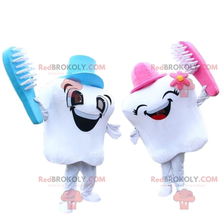 2 mascots of white teeth  couple of giant teeth
