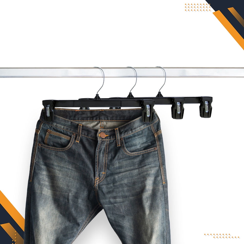 Hanger Central Recycled Black Heavy Duty Plastic Pants & Skirt Bottom Hangers with Plastic Extra Long Pinch Clips and Polished Metal Swivel Hooks, 10 Inch, 25 Pack