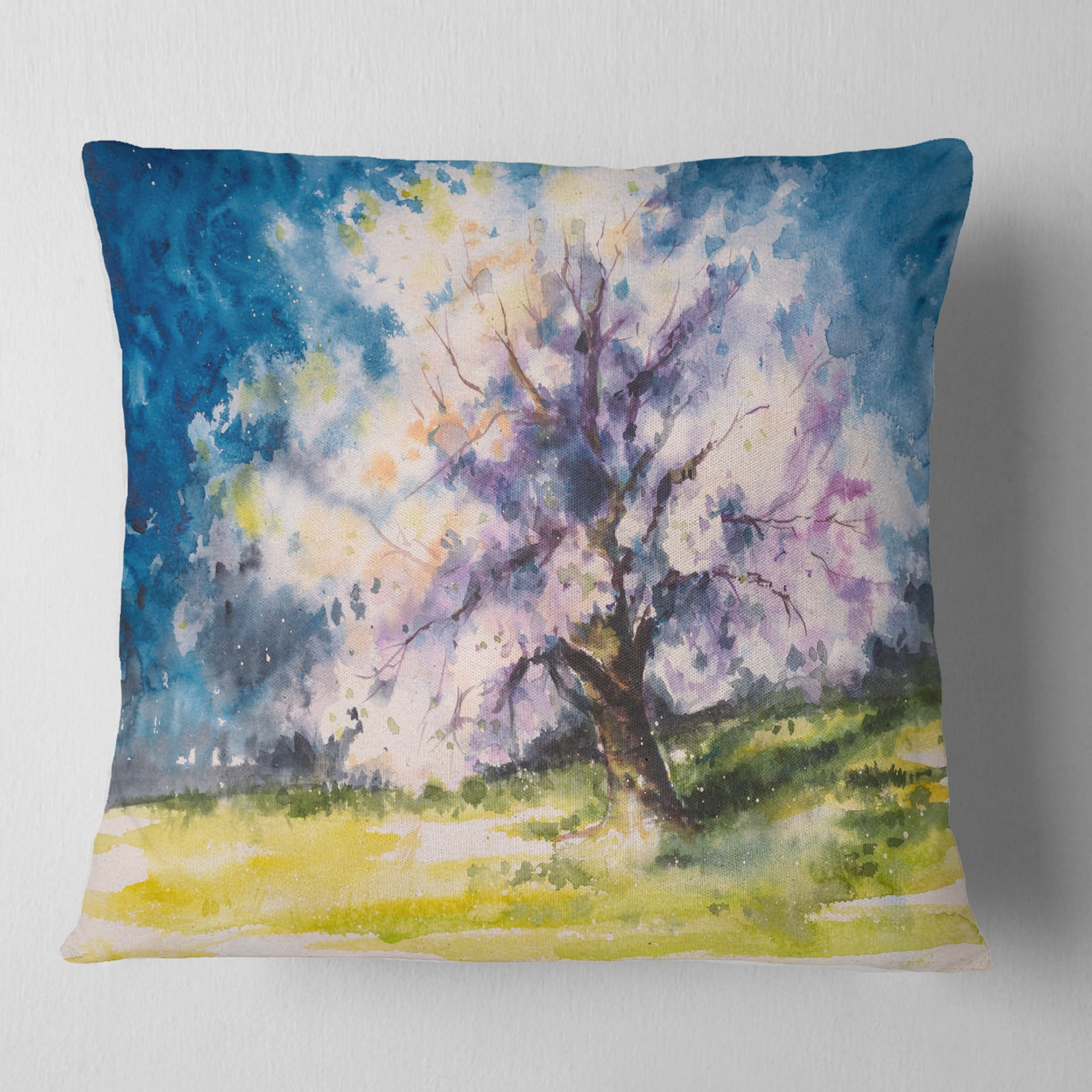 Designart Blooming Cherry Tree Blue - Watercolor Floral Throw Pillow - 18x18