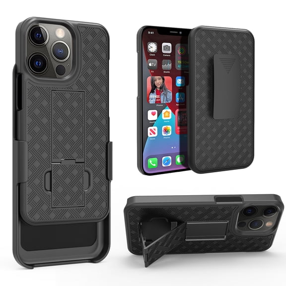Compatible for Apple iPhone 13 Pro Case with Tempered Glass Screen Protector Belt Clip Holster Protection Phone Cover [Black]