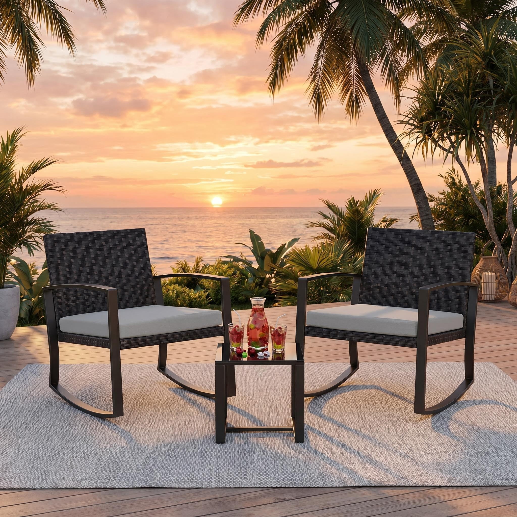 Patio Furniture Set, Outdoor Bistro Set for 2 with Rocking Chairs, Glass Coffee Table & Removable Cushion for Garden Backyard Balcony Lawn Pool, Gray